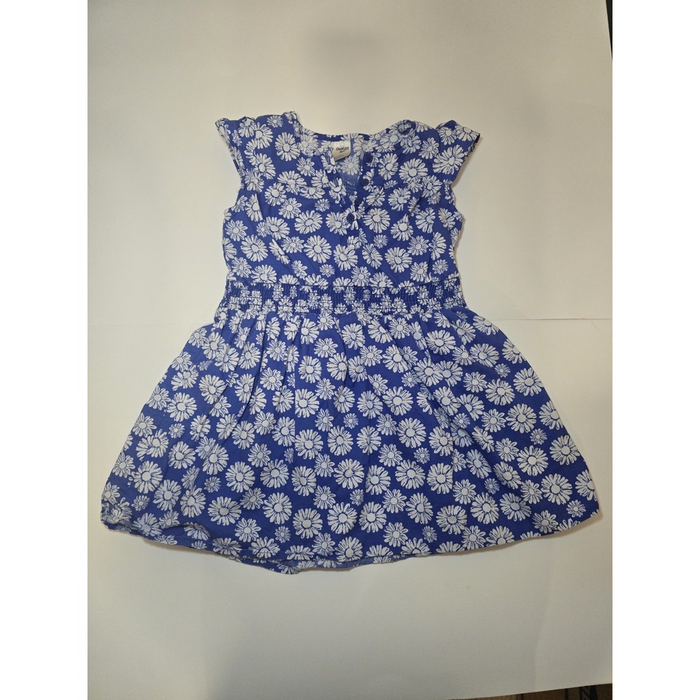 Oshkosh B'Gosh Girls Size 4 Blue White Daisy Floral Cotton Dress Smocked Waist